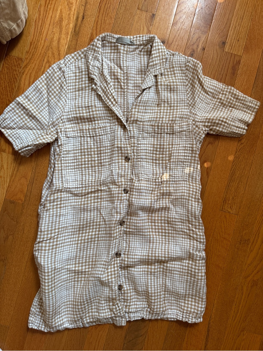 Everlane Beige and White Checked Midi Shirt Dress